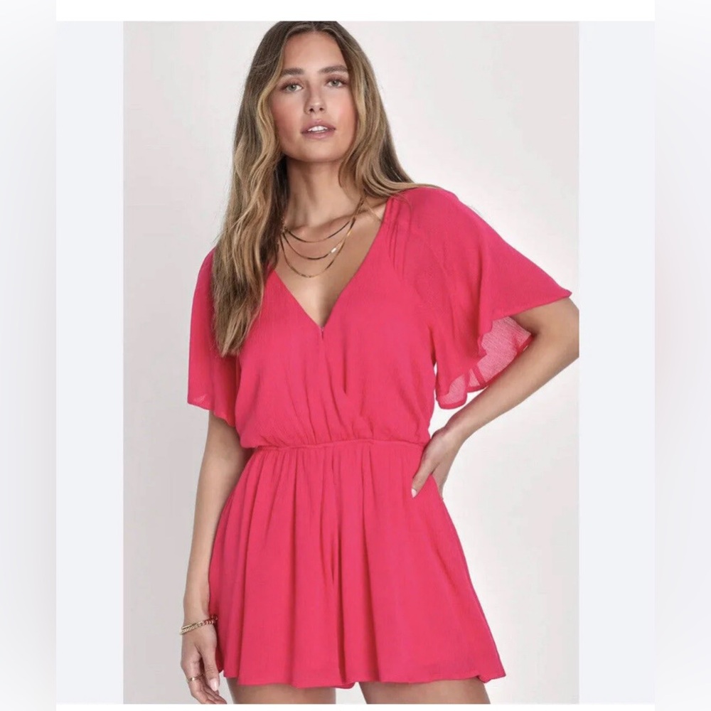 NWT Lulus Hot Pink Strappy Surplice Flutter Sleeve Romper Womens